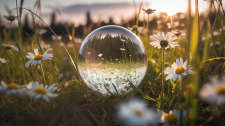 Crystal ball with camomile flowers in the meadow at sunsetの素材
