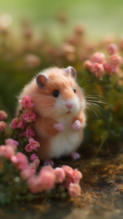 Hamster on a background of pink flowers. Close-up.の素材