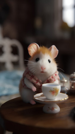 Cute hamster with a cup of tea on a wooden tableの素材