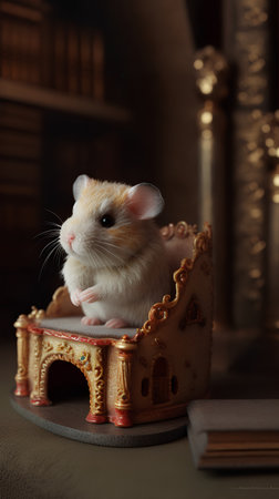 Cute hamster on a chair with books in the background.の素材