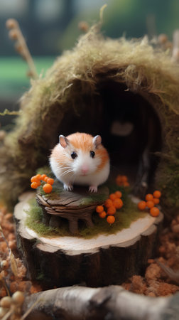 Hamster in a nest of moss and berries on a wooden backgroundの素材