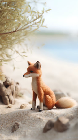 Red fox sitting on the sand in the beach, summer vacation conceptの素材
