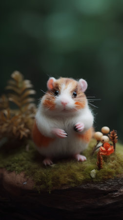 Hamster sitting on moss with pine cones and flowers in the backgroundの素材