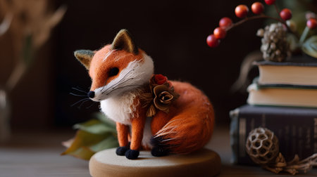 Cute little fox with books and flowers on the wooden table.の素材
