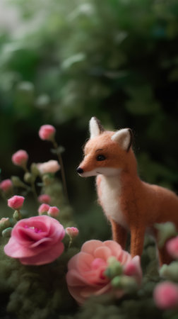 Cute red fox toy with flowers on dark background. Selective focus.の素材