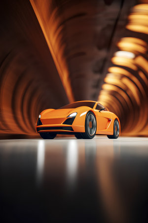 3D rendering of a sports concept car in a tunnel. Concept of speed and motion.の素材