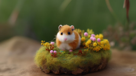 Hamster in a nest with flowers on a background of green grassの素材