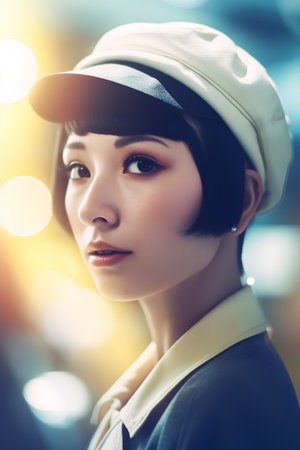 Portrait of a beautiful young woman in a cap and coat.の素材