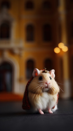 Cute hamster in a knitted hat on the background of the old buildingの素材