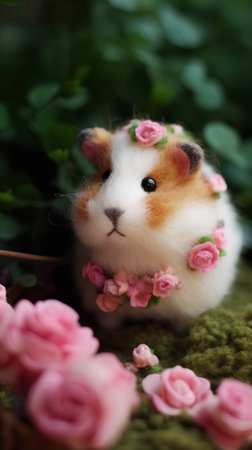 Cute hamster with pink flowers in basket on green background.の素材