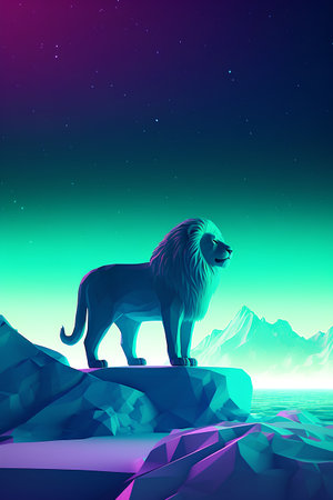 Lion standing on the rock. Vector illustration in neon colors.の素材