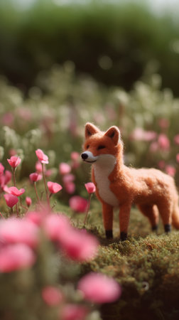 Red fox standing on a mossy meadow surrounded by pink flowersの素材