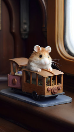 Cute hamster sitting on a wooden toy train in the windowの素材
