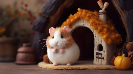 Hamster in front of a wooden doghouse on a wooden backgroundの素材
