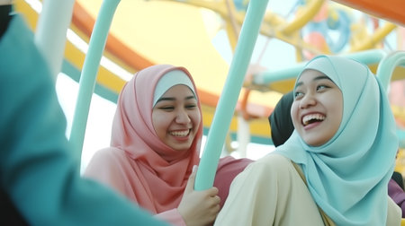 Veiled teenager with muslimah having fun at the amusement parkの素材