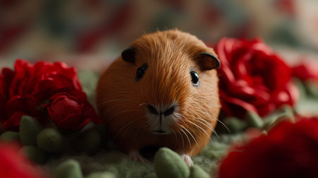 Cute little guinea pig on a background of red flowers.の素材