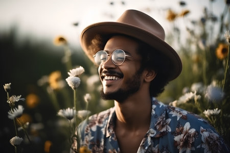 Portrait of a smiling african american man in hat and glasses standing in a field of flowersの素材