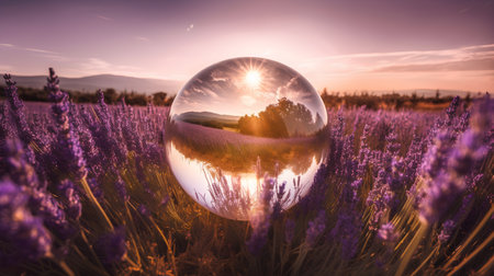 Crystal ball with sunset over lavender field. Elements of this image furnished by NASAの素材