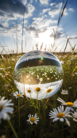 Crystal ball with chamomile flowers in meadow on sunsetの素材