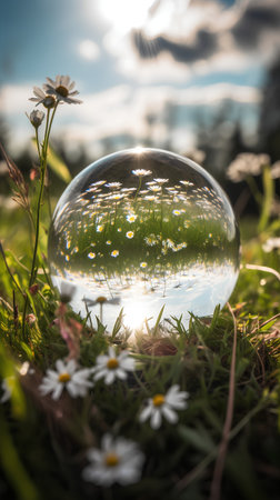 Crystal ball with daisies in the meadow with sun raysの素材