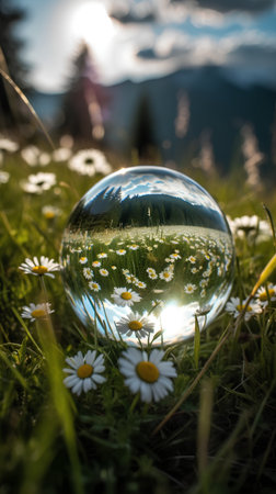 Glass ball with daisies in the meadow and mountains in the backgroundの素材