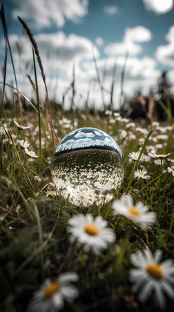 Crystal ball with daisies on the meadow in front of blue skyの素材