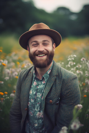 Hipster man in a hat in the field of wildflowersの素材