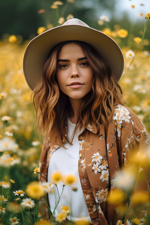 Portrait of a beautiful young woman in a field of daisiesの素材