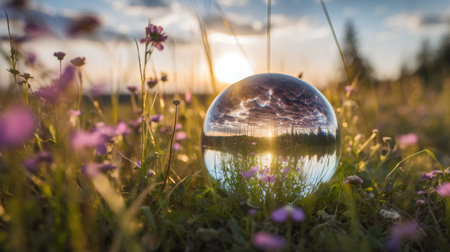 A crystal ball with a beautiful sunset in the background in the meadow.の素材