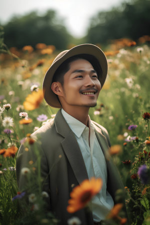 Portrait of young handsome asian man wearing hat and coat in the field of flowersの素材