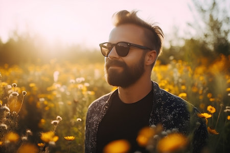Handsome young man with beard and sunglasses in field of yellow flowersの素材