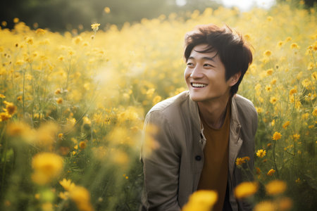 Young asian man in yellow flower meadow. Happy and smiling.の素材