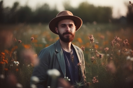 Portrait of a young man in a field of wildflowersの素材