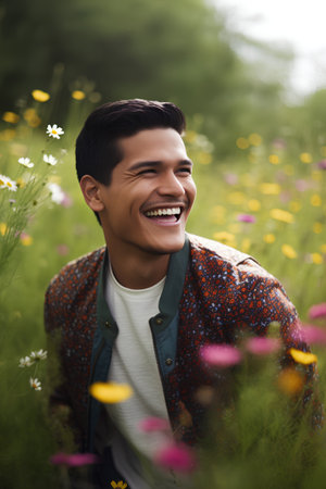 Handsome young asian man smiling at camera while sitting on flower fieldの素材