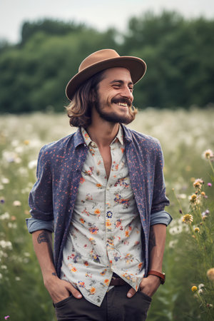 Handsome young man in shirt and hat standing in chamomile field.の素材