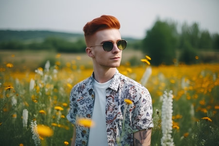 Handsome young man with red hair in the field of flowersの素材