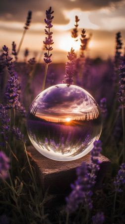 Crystal ball with sunset over lavender field. Beautiful nature scene.の素材
