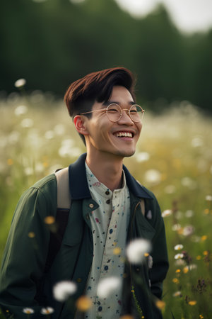 Young asian man smiling and looking away while standing in a field of daisiesの素材