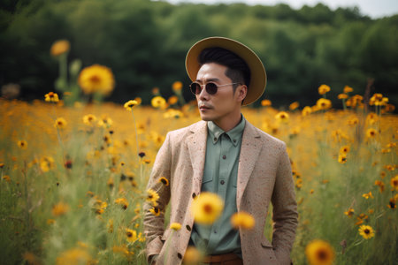 Portrait of young handsome asian man in sunglasses and hat in yellow flower field.の素材