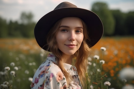 Portrait of a beautiful girl in a hat on a field of flowersの素材