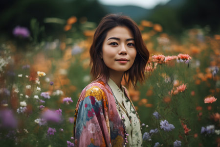 Portrait of a beautiful young asian woman in the colorful flower field.の素材
