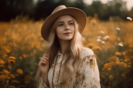 Portrait of a beautiful blonde girl in a hat on a field with flowers.の素材