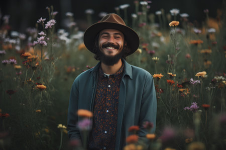 Handsome young man in a hat standing in a field of flowersの素材