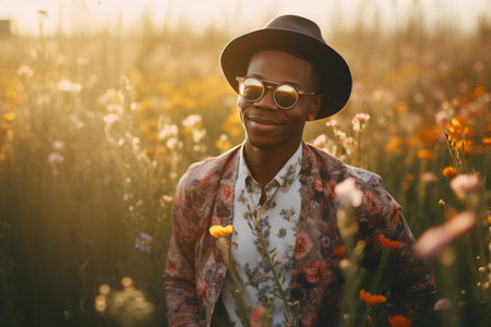 Young african american man in hat and sunglasses posing in poppy field.の素材