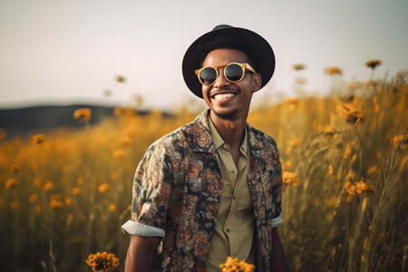 Portrait of a handsome young african american man in sunglasses and hat standing in yellow flower field.の素材