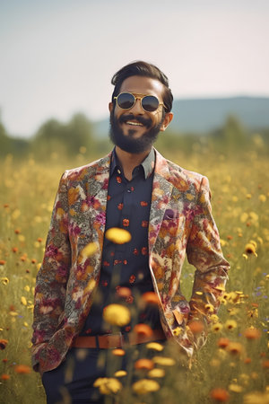 Handsome indian man in the field of flowers. Retro style.の素材