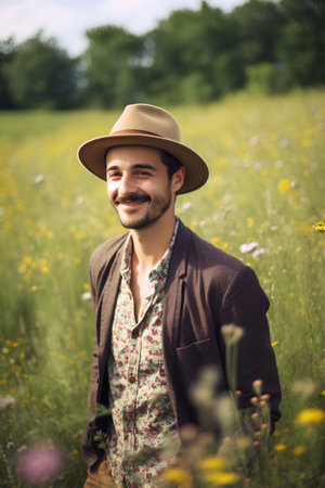 Handsome young man in hat standing in the meadow and smilingの素材