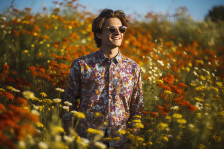Portrait of a young handsome man in a field of poppiesの素材