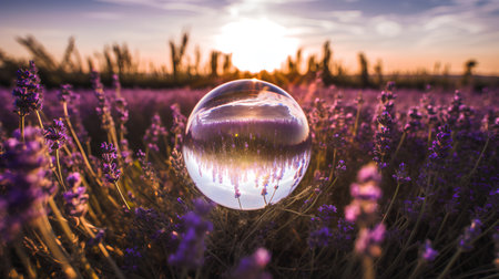 Lavender flowers field at sunset. Beautiful nature scene with crystal ball.の素材