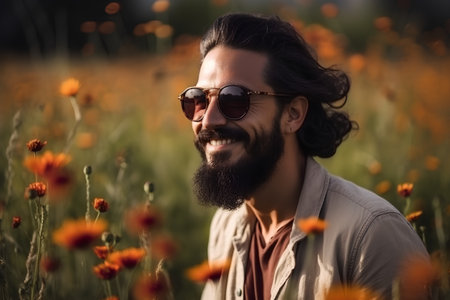 Portrait of a handsome young man with a beard and mustache wearing sunglasses in a field of orange flowersの素材